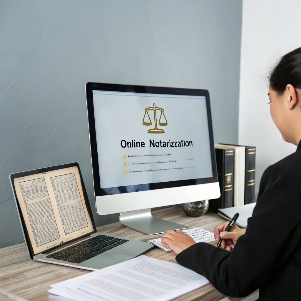 An image depicting a close-up of a hand placing a legal document (deed of trust) on a scanner, with a computer screen showing a secure e-recording platform in the background. The setting is a modern, professional office environment, emphasizing accuracy and technology.