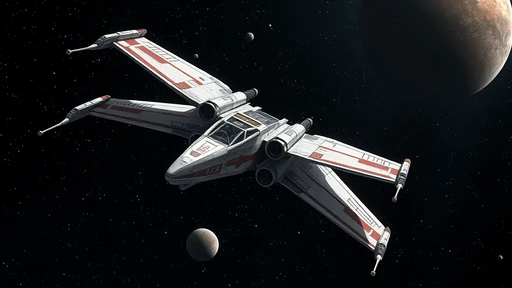 A sleek OmegaQube X-Wing Fighter cutting through the Texas sky, leaving Galveston Pier in its wake.