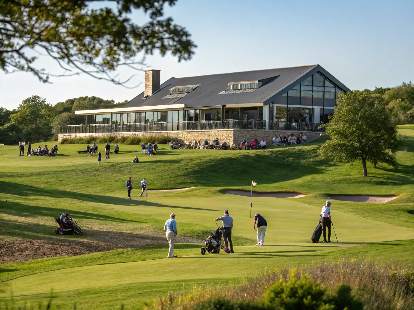 A vibrant golf course with players of all ages enjoying a sunny day, symbolizing community and sport.