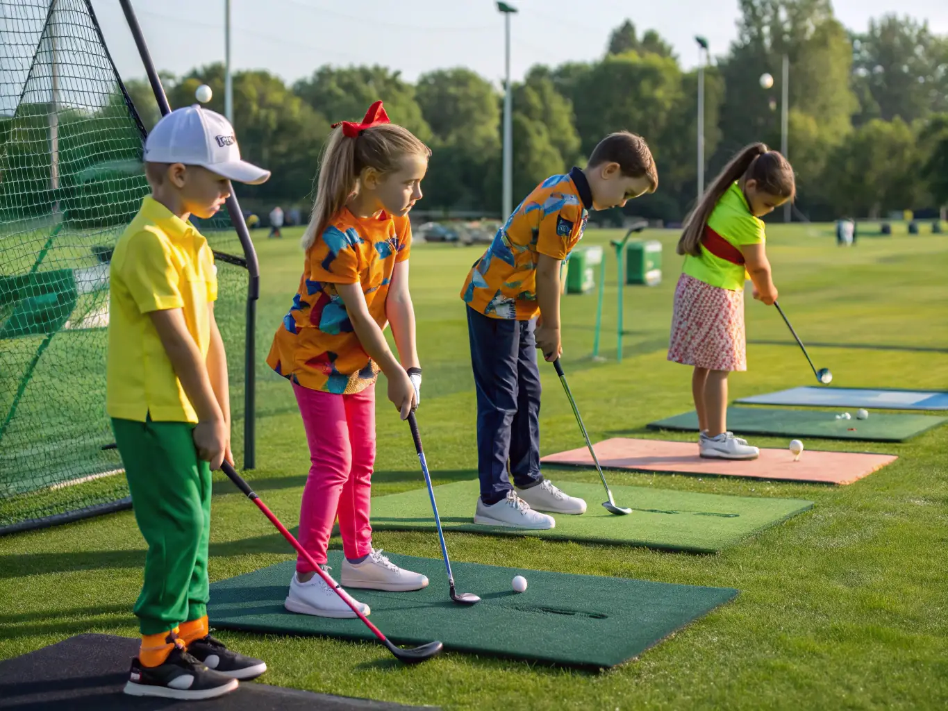 An image of a youth golf training session on a lush green course, emphasizing youth engagement and skill development.