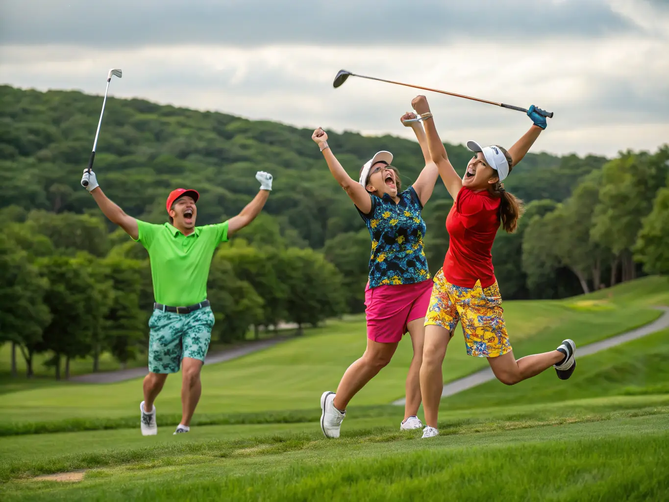 A lively scene of a golf tournament with players and spectators, capturing the spirit of community and competition.