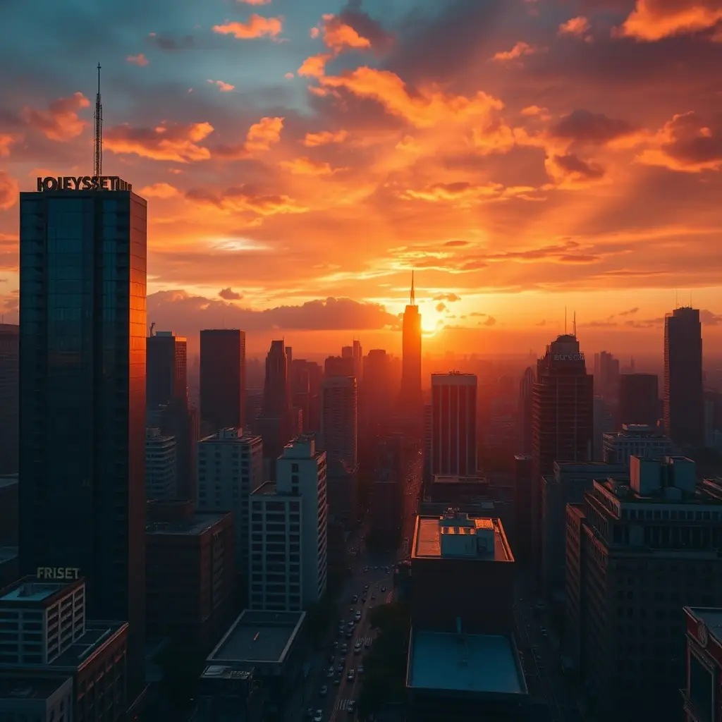 A stunning sunrise over a city skyline, symbolizing new beginnings.