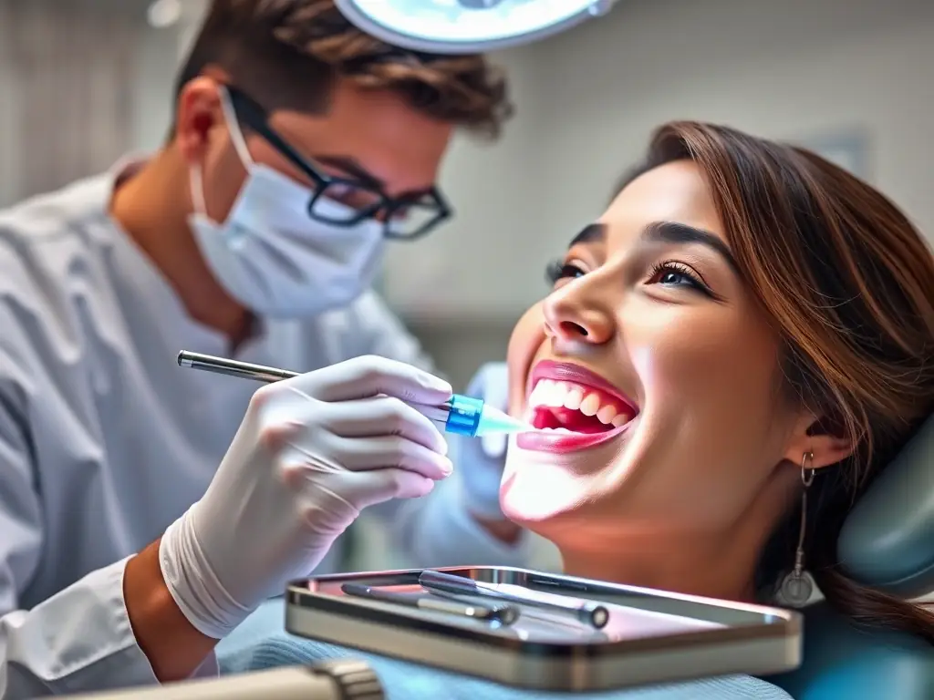 A close-up of a person's teeth being polished by a dental professional, showcasing the bright and clean result.