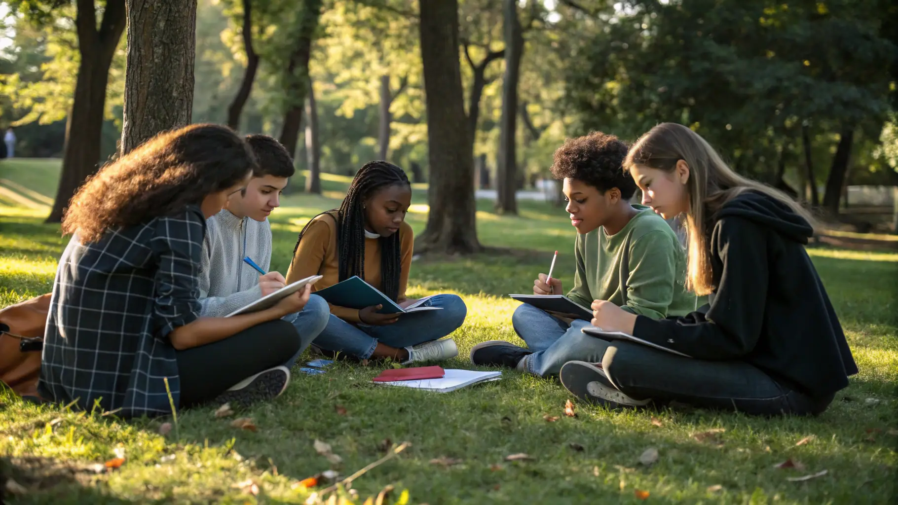 A diverse group of young people participating in a leadership workshop outdoors, symbolizing empowerment and community engagement