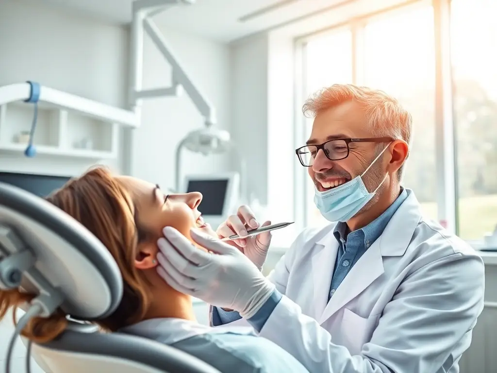 A dentist examining a patient's teeth during an emergency dental appointment. The patient looks relieved and the dentist is focused on the examination.