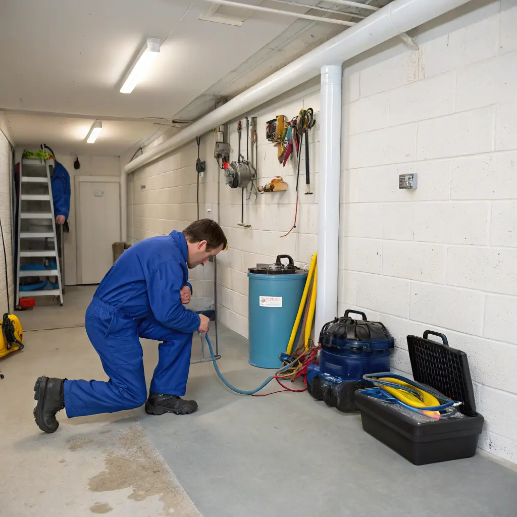 A flooded basement being professionally assessed by a Riverside Restoration technician, highlighting the urgency and expertise involved in water damage restoration.