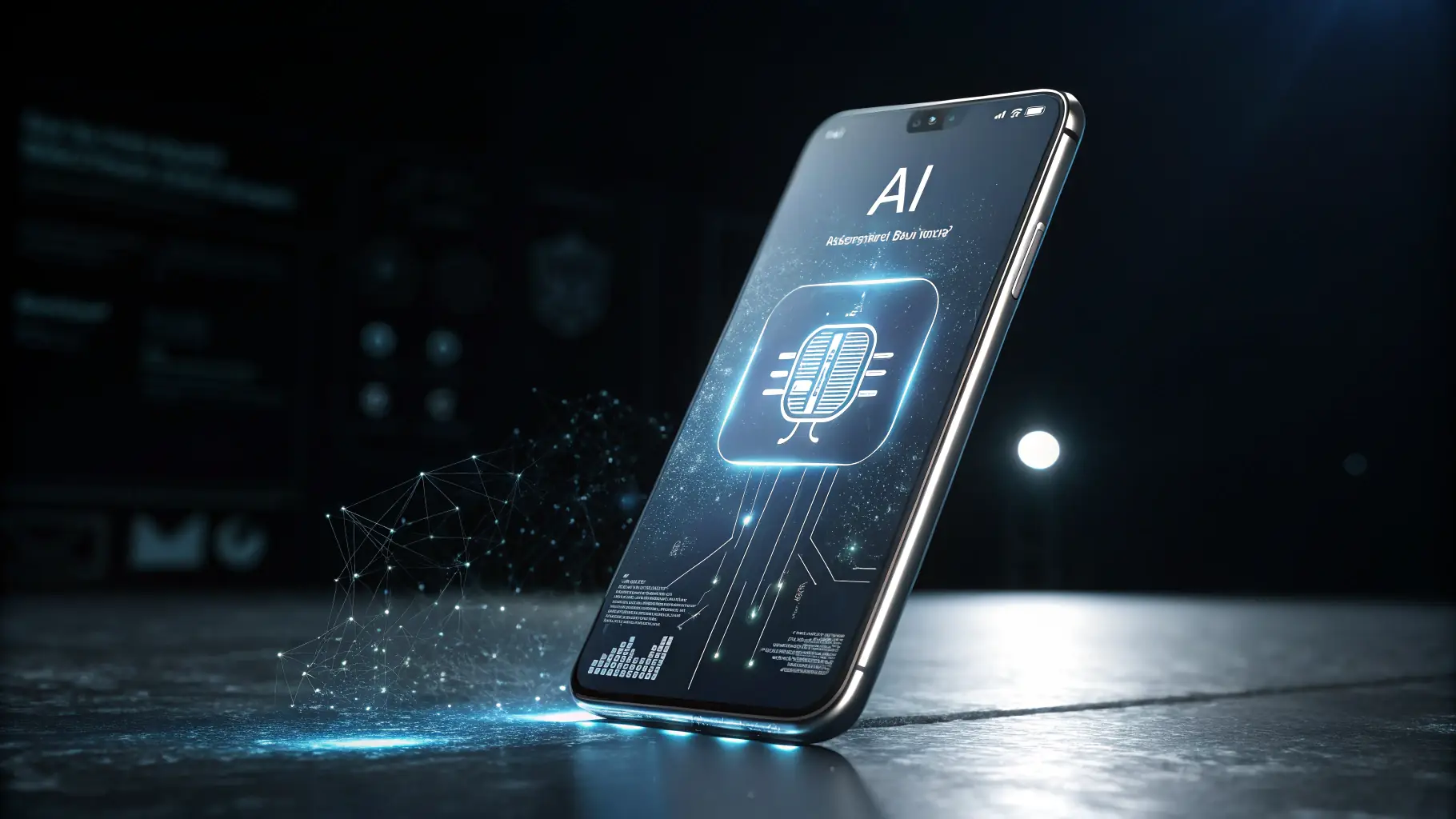 A sleek, modern smartphone displaying a sophisticated app interface with AI-driven features, set against a backdrop of interconnected digital networks.