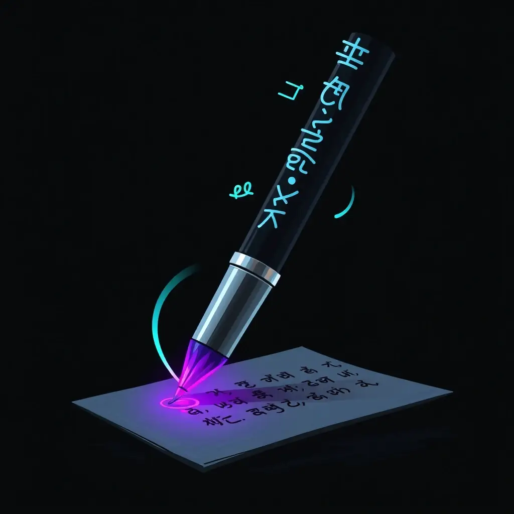 A pen writing in multiple languages, symbolizing content creation and translation.