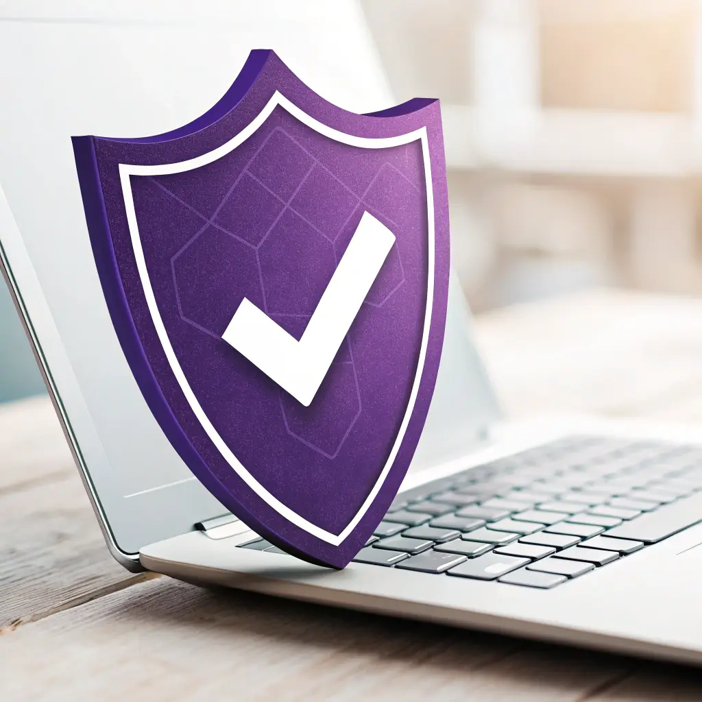 A shield icon with a checkmark, representing security and compliance.