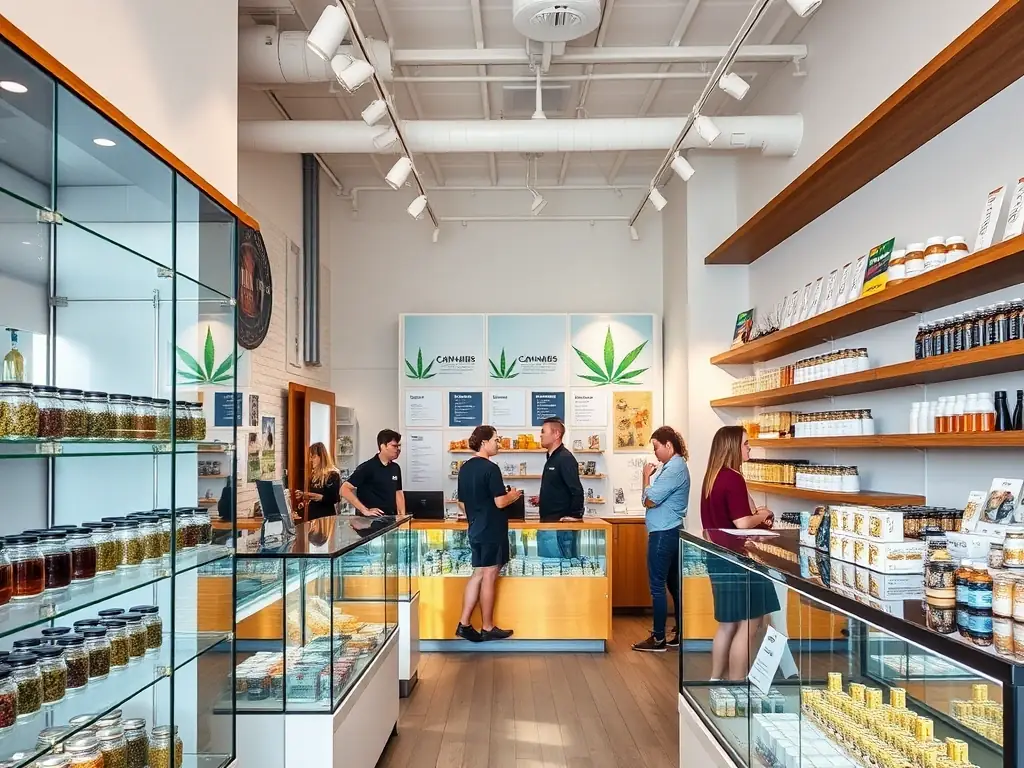 A modern, inviting cannabis dispensary interior with a diverse selection of products on display.