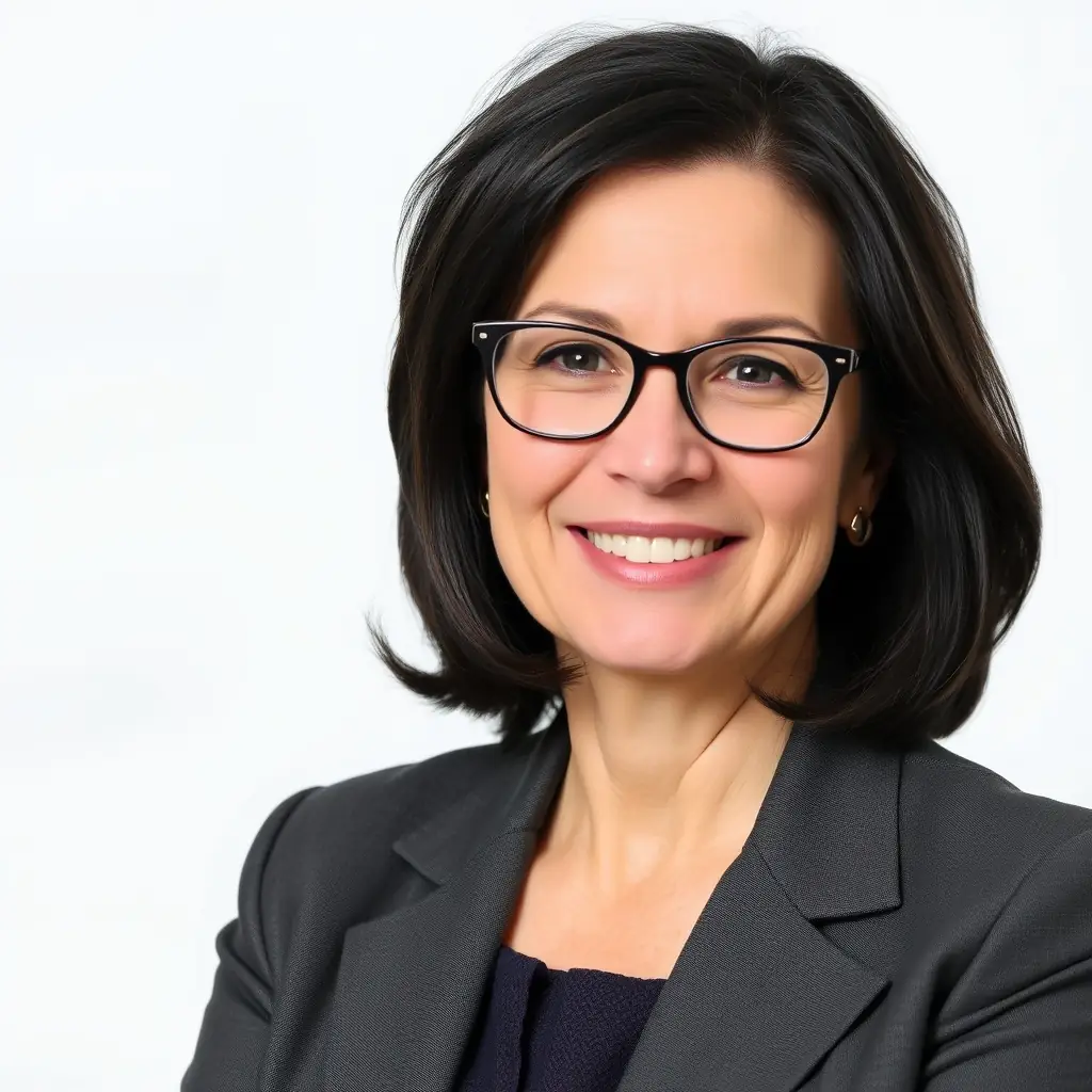 Aïda is a poised woman with a warm smile, wearing a professional blazer and glasses.