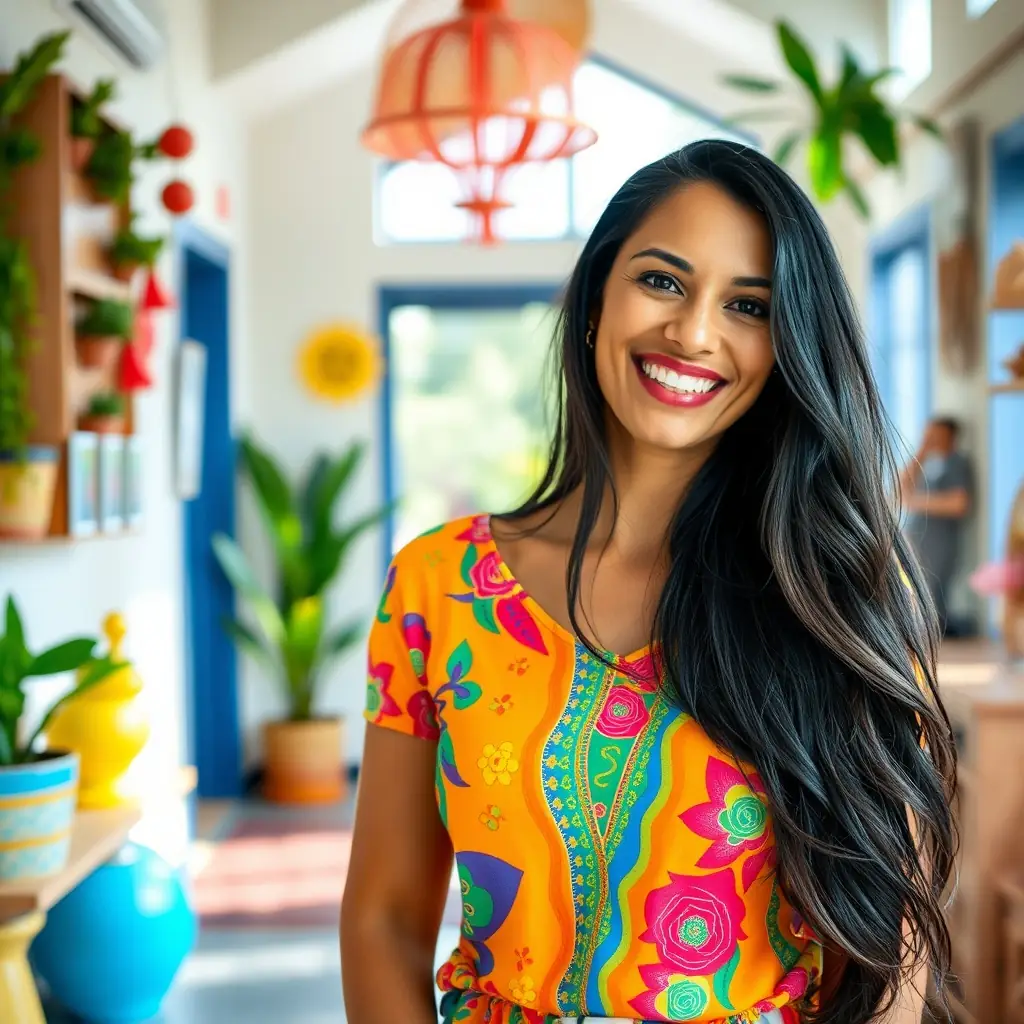 Fatima is a stylish woman with long braids, wearing a colorful dress and a bright smile.