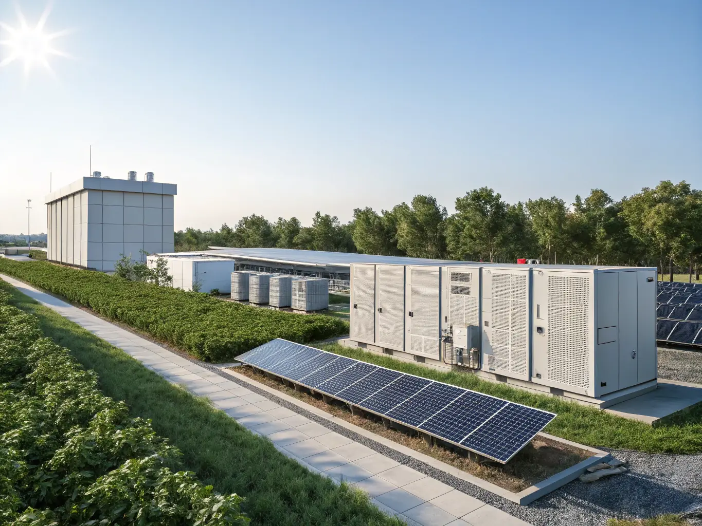 Image of a large-scale battery energy storage system installed in an industrial setting, illustrating Gridstate's project deployment.