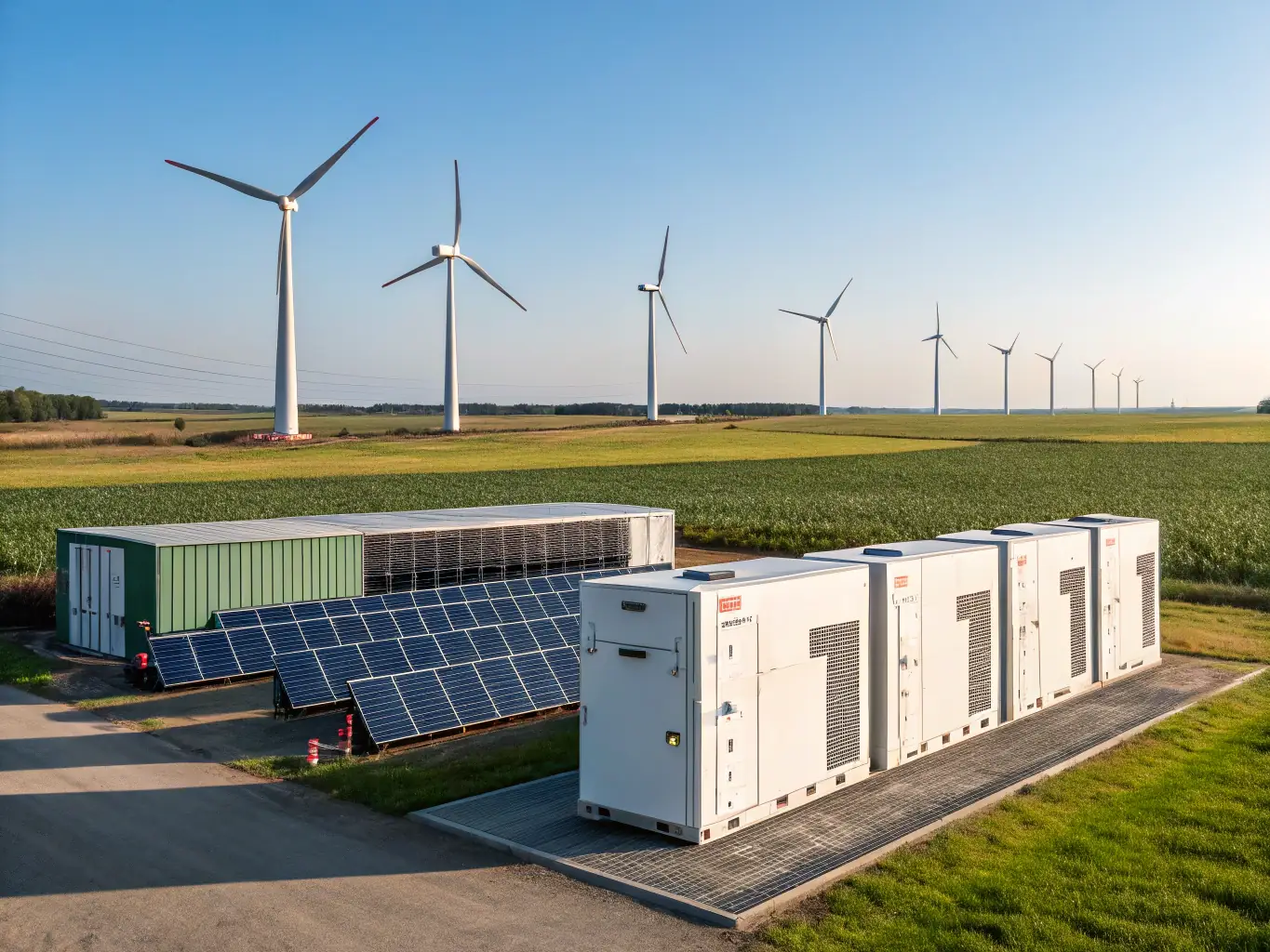 Image of a battery container system integrated into a renewable energy farm, emphasizing our focus on renewable integration.