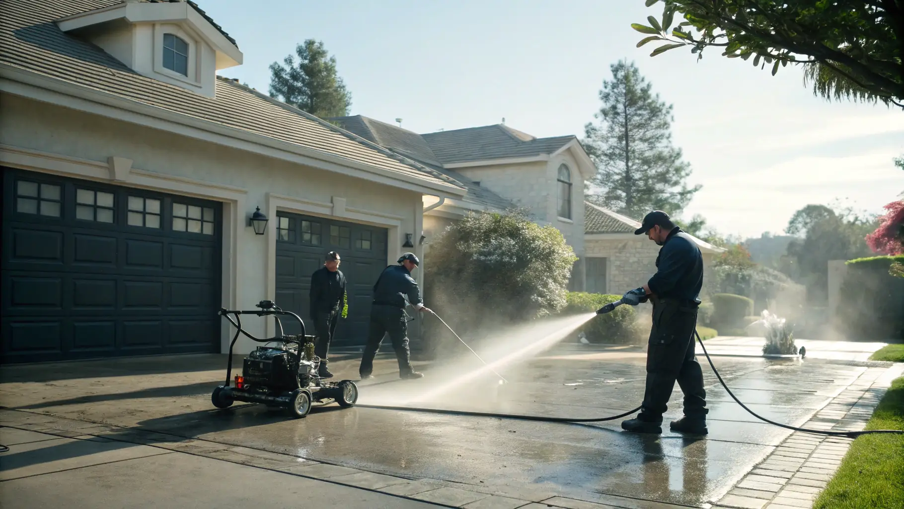A team of professional power washers cleaning a residential driveway with high-pressure equipment, showcasing expertise and attention to detail in Roanoke VA.