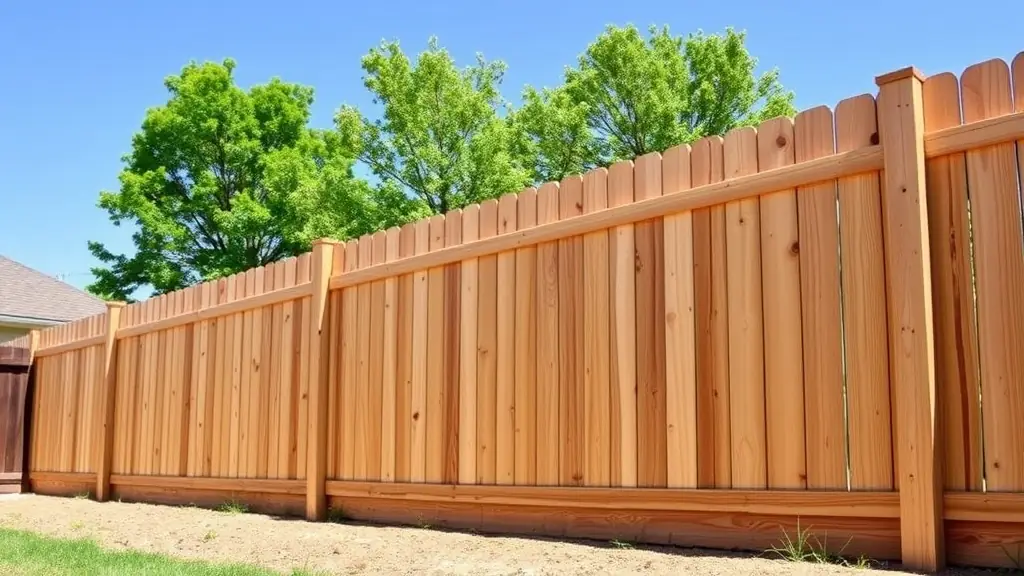 A newly installed wooden fence in a residential backyard in Oklahoma City.