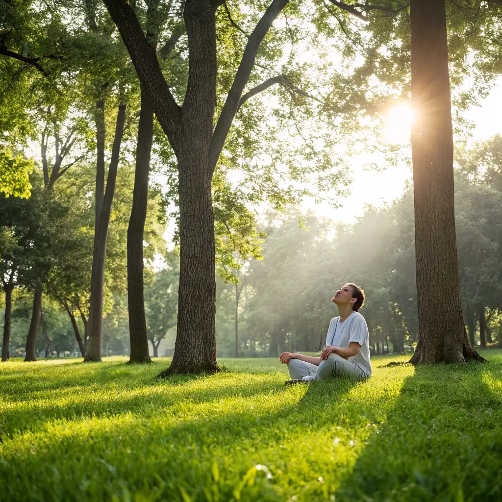 A serene image of a woman in a peaceful, natural setting, perhaps meditating or gently touching her abdomen, conveying a sense of calm and hope related to fertility and healing.