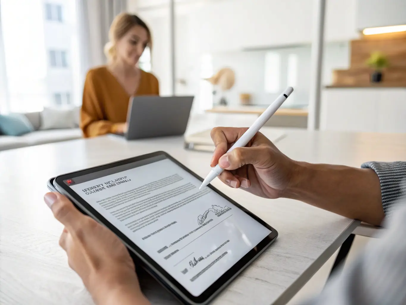 A close-up shot of a hand signing a rental agreement with a pen, with keys placed on the table next to the document.