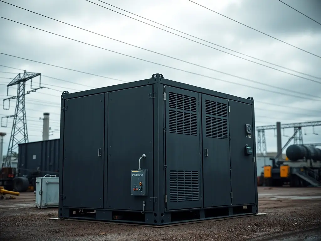 AI-generated image of a modern outdoor energy storage cabinet in an industrial setting