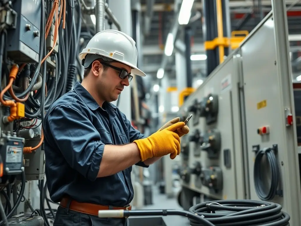 AI-generated image of a technician installing energy storage cabinets outdoors