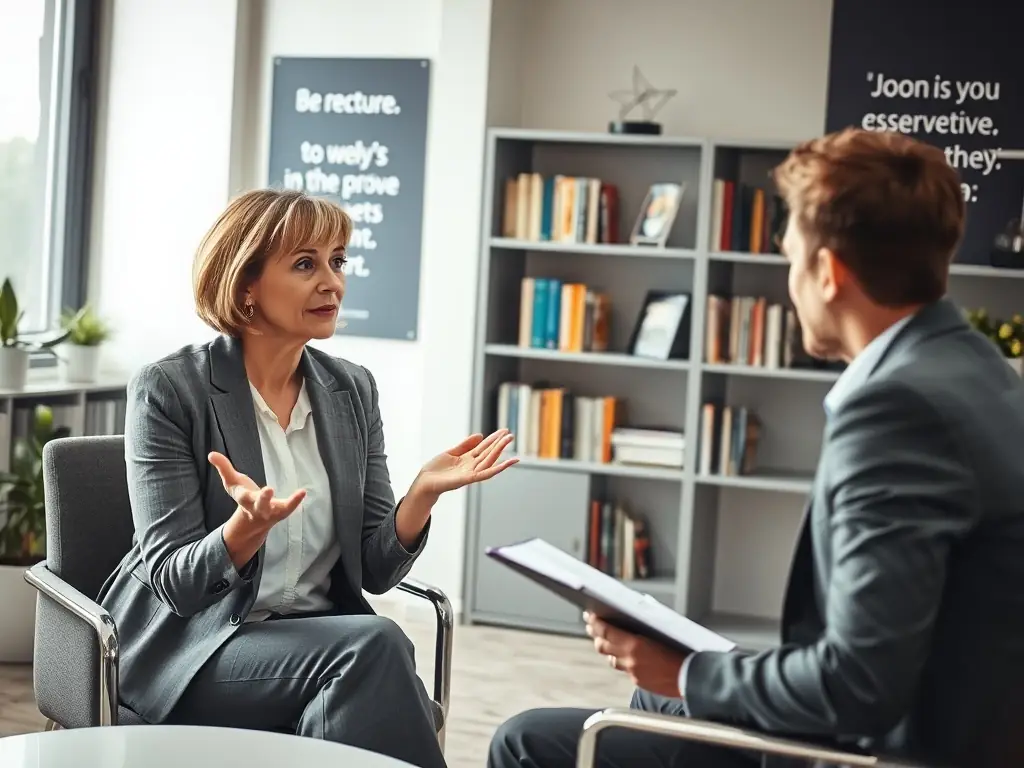 A business coach sitting across a table from an executive, both smiling and engaged in a deep conversation in a modern office setting.