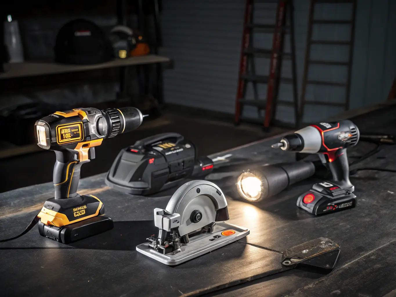 A high-quality, wide-angle shot of various power tools (drills, saws, sanders, etc.) neatly arranged on a workbench. The tools should appear clean and well-maintained, suggesting professionalism and reliability. Overlaid on the image, in the center, is a transparent box with the text "Coming Soon" in a bold, modern font.
