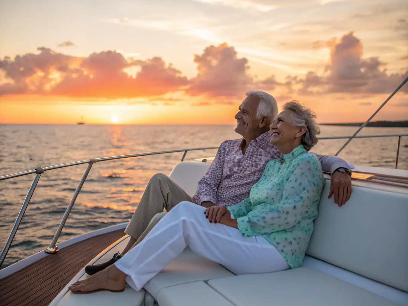 A couple on a ship deck, elegantly dressed, enjoying the ocean view at sunset.