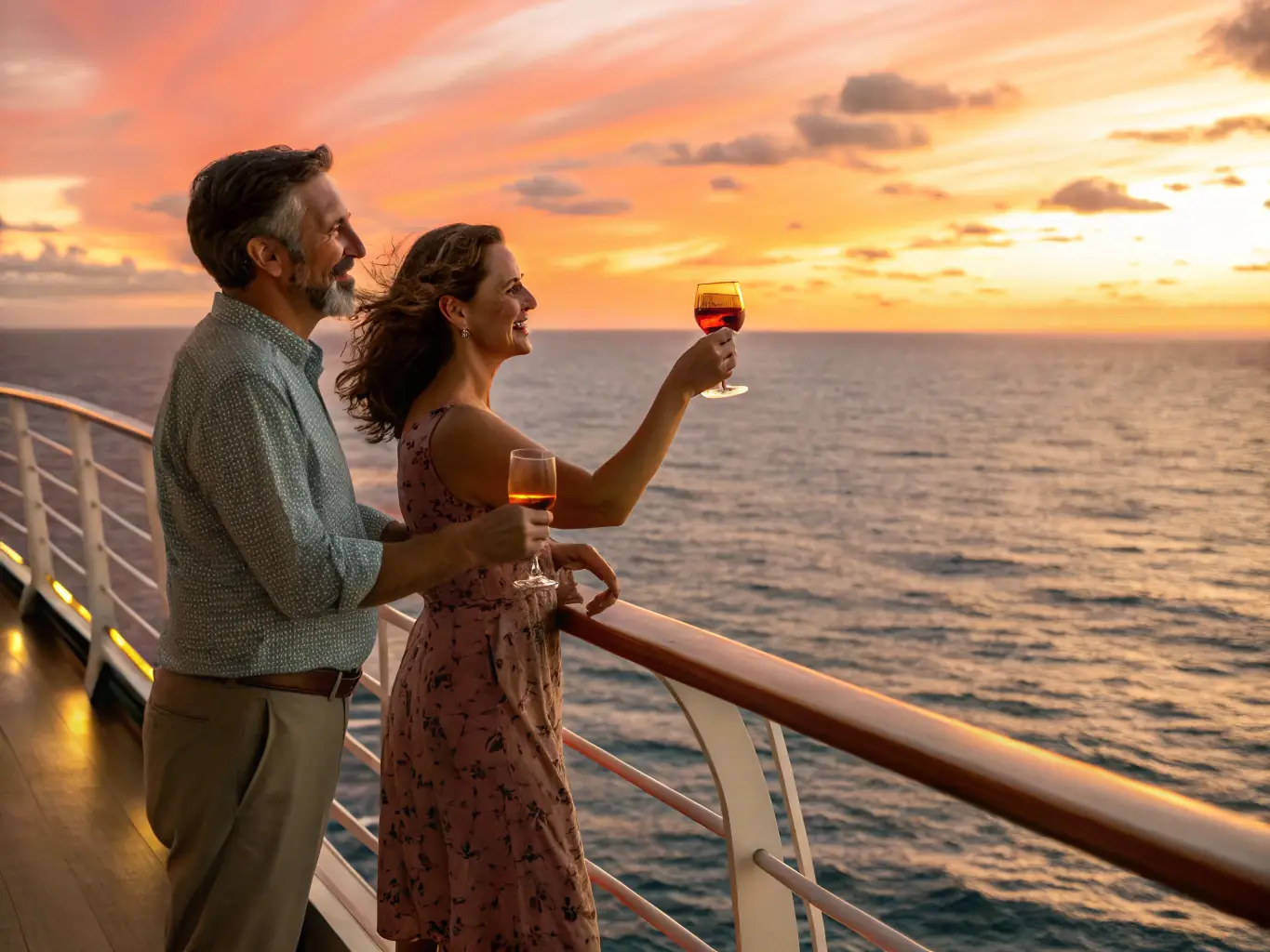 A couple toasting with champagne glasses on a cruise ship, celebrating a special occasion with joy and elegance.