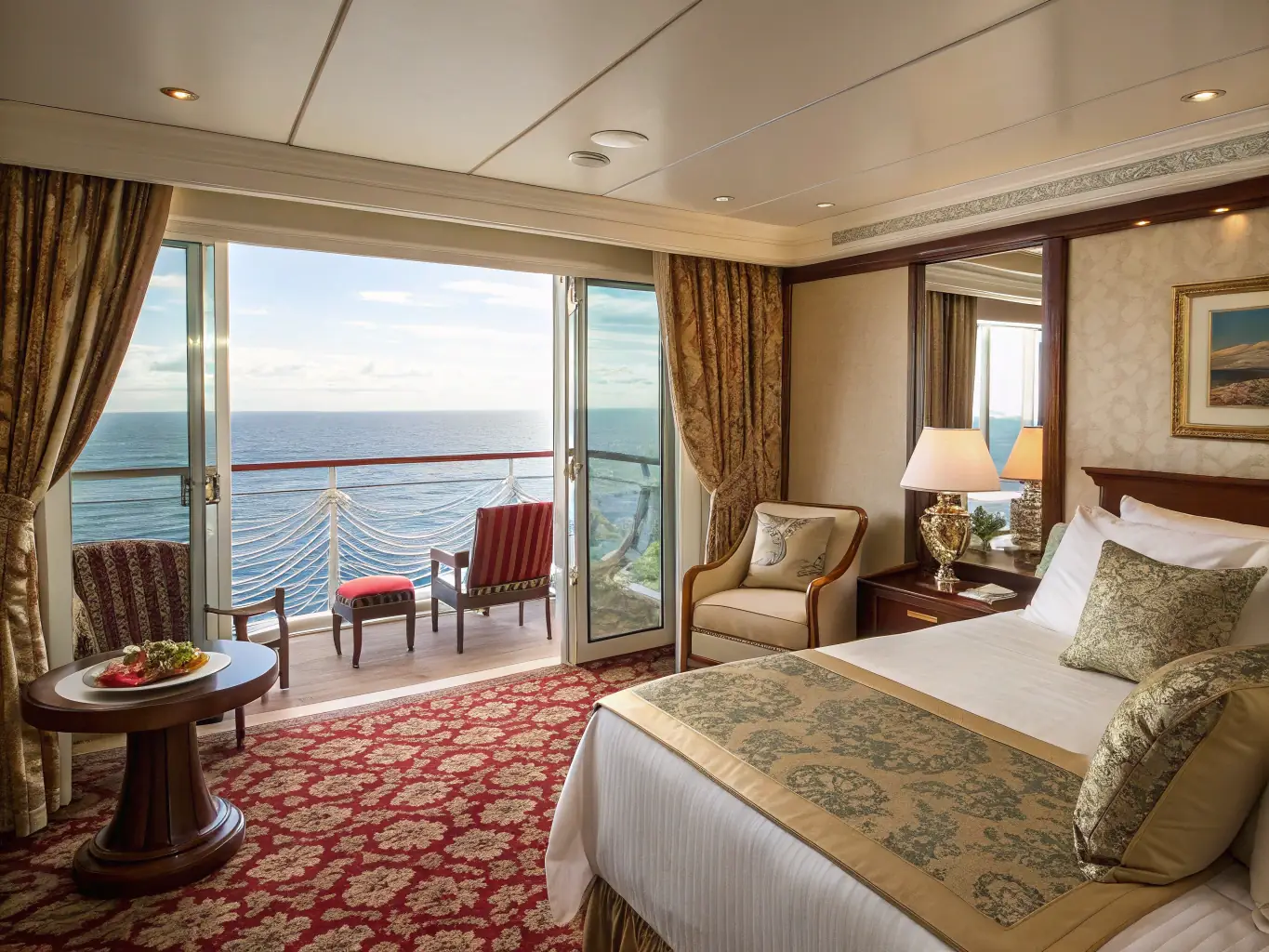 A luxurious cruise suite with elegant decor, or a sophisticated traveler enjoying a premium cruise experience.