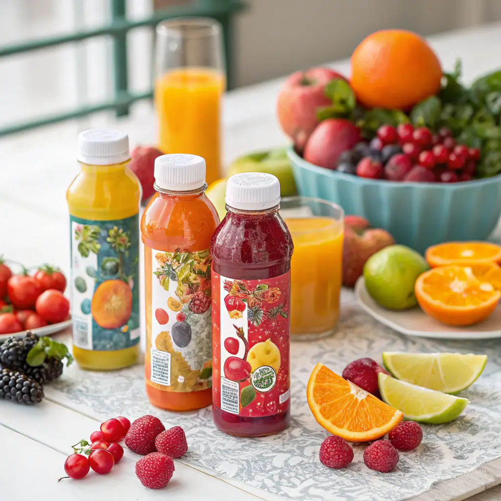 A tempting image of a juice bottle with fresh fruits.