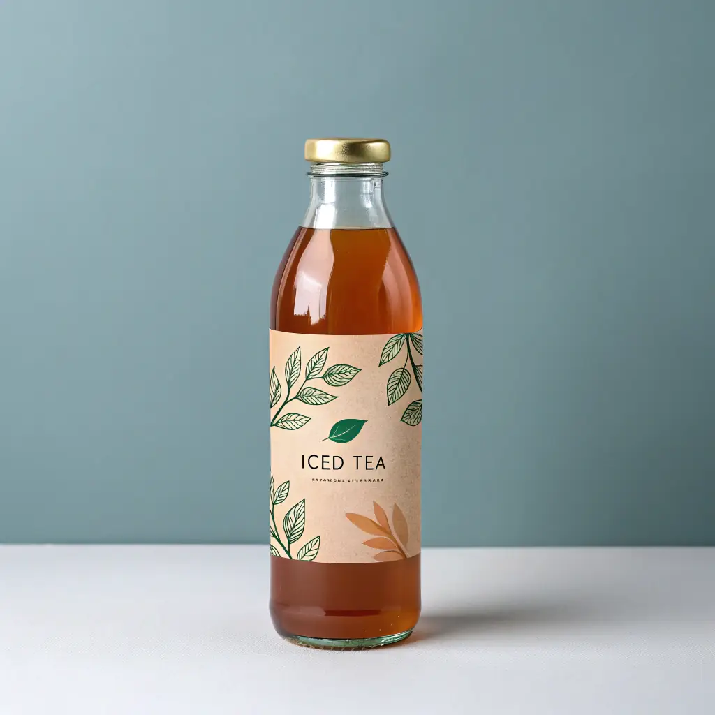 A close-up image of a glass bottle filled with iced tea.