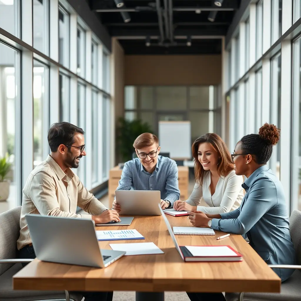 A diverse team of financial experts collaborating in a modern office setting, reviewing financial documents and discussing governance strategies. The image should convey professionalism, expertise, and a commitment to diversity.