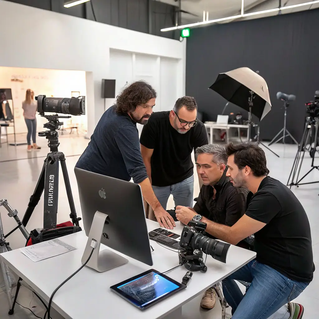 A professional team of video marketing experts working in a modern studio environment, creating engaging content for brands