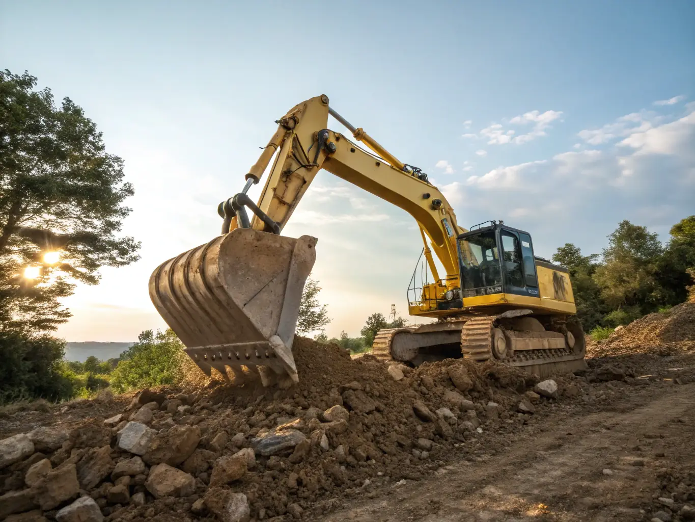 A freshly prepared construction site with visible layers of earthworks and sub-base preparation, ready for landscaping.