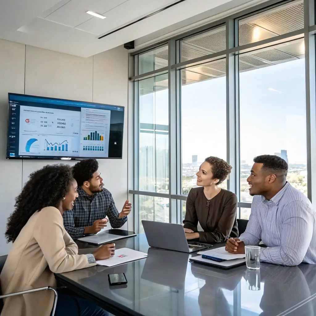 A confident business team collaborating with IT engineers, overseeing a seamless digital migration process on large screens, with payment and NetSuite interfaces visible, conveying trust and technical expertise.