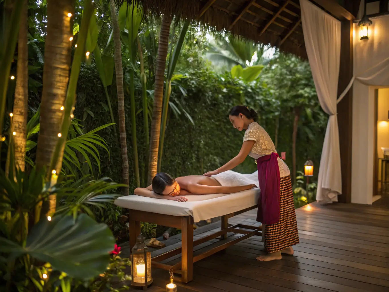 A person receiving a massage in a serene spa environment, with a sauna visible in the background.