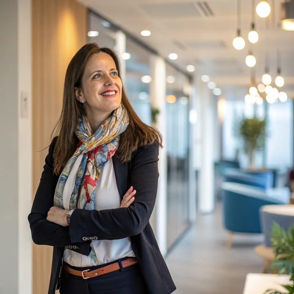 Catherine is a woman with long brown hair, often seen wearing a stylish scarf and a serious expression.