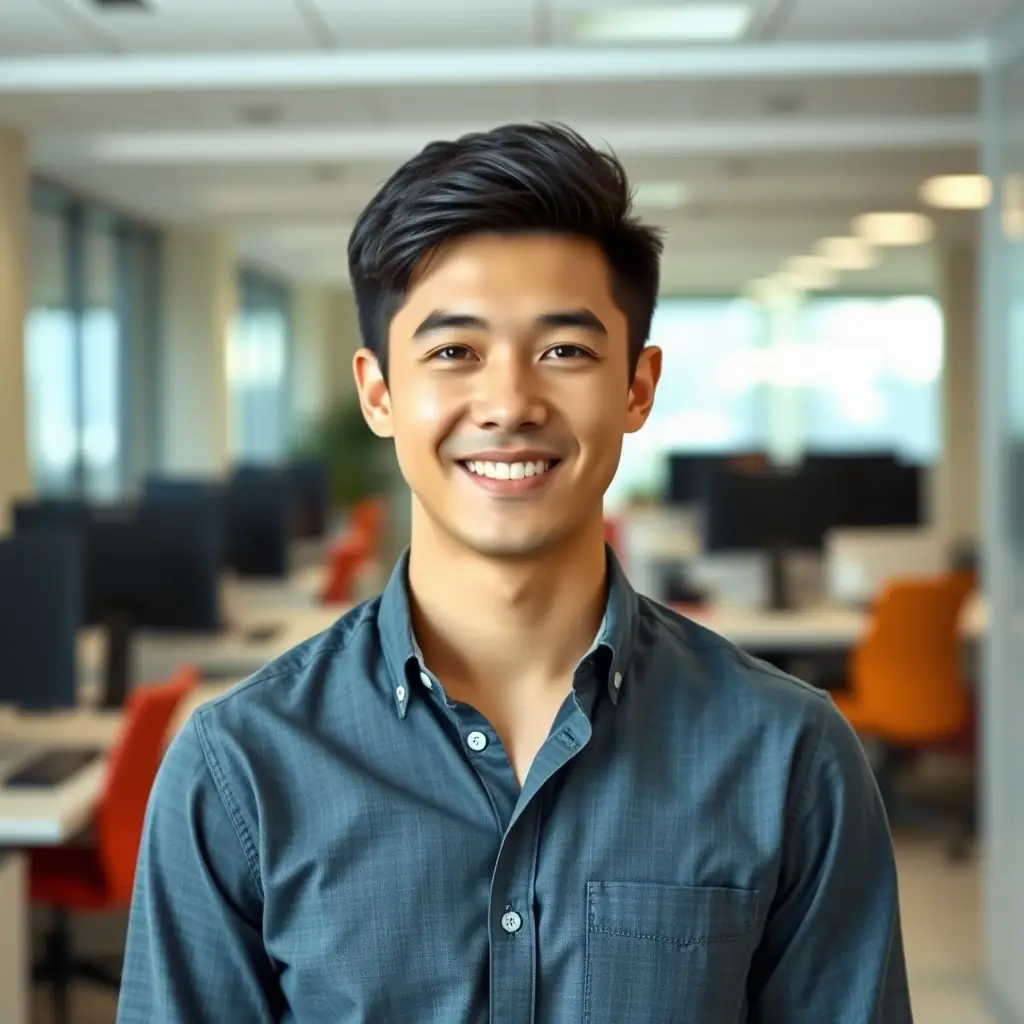 David is a young man with short dark hair, always smiling and wearing a crisp white shirt.