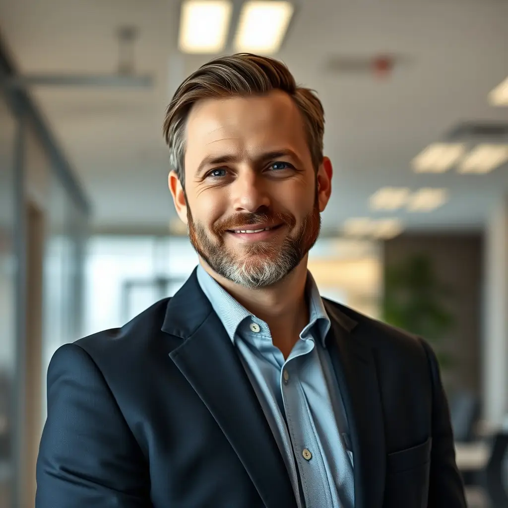 Bob is a man in his late 40s with a neatly trimmed beard and a friendly smile, wearing a gray suit.