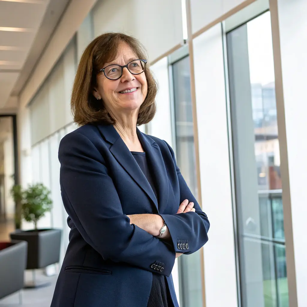 Alice is a middle-aged woman with short blonde hair and glasses, wearing a professional navy blue blazer.