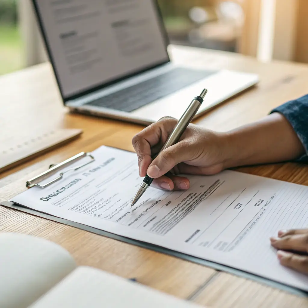 A close-up shot of hands carefully filling out a legal document, with a pen hovering over a signature line. The background is clean and professional, suggesting accuracy and attention to detail.
