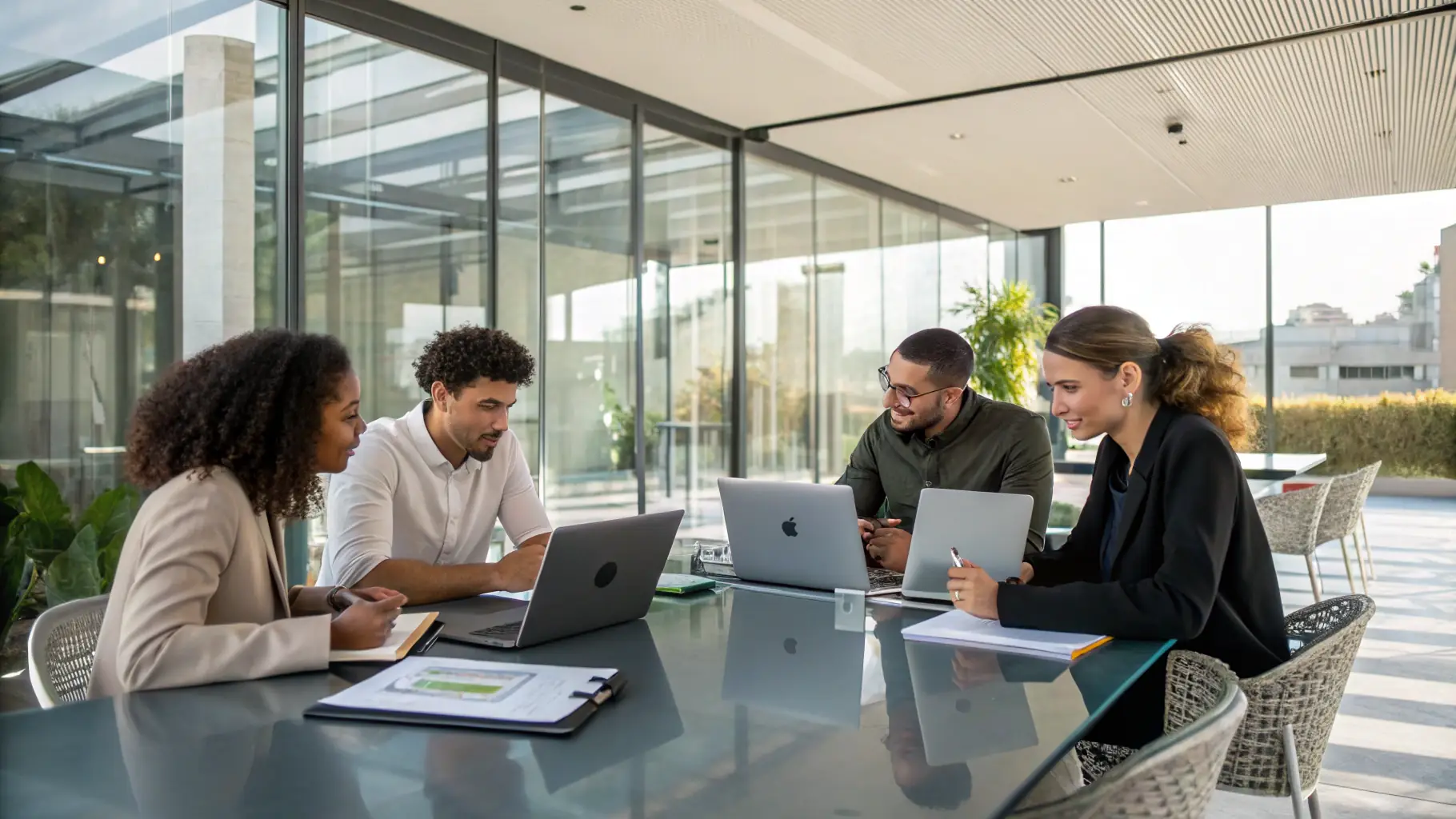 A professional team collaborating in a modern office environment, representing innovation and teamwork in marketing