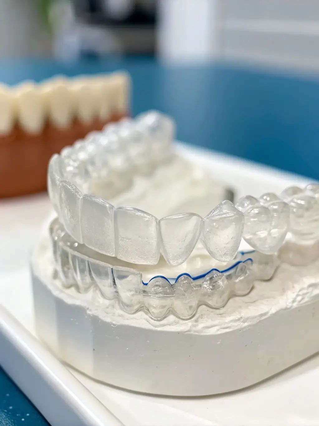 A set of clear aligners (like Invisalign) displayed neatly, with a blurred background of a modern dental clinic. The image should highlight the clarity and removability.