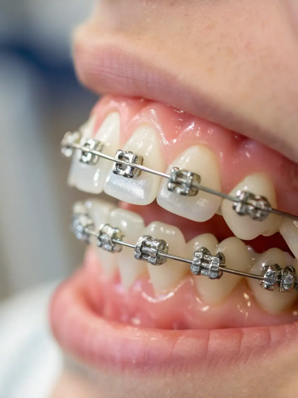 A close-up shot of traditional metal braces on a patient's teeth, showcasing the brackets and wires. The image should convey durability and effectiveness.