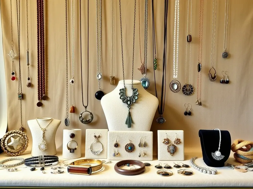 A landscape image of a collection of handcrafted jewelry made with natural stones, displayed on a rustic wooden surface.