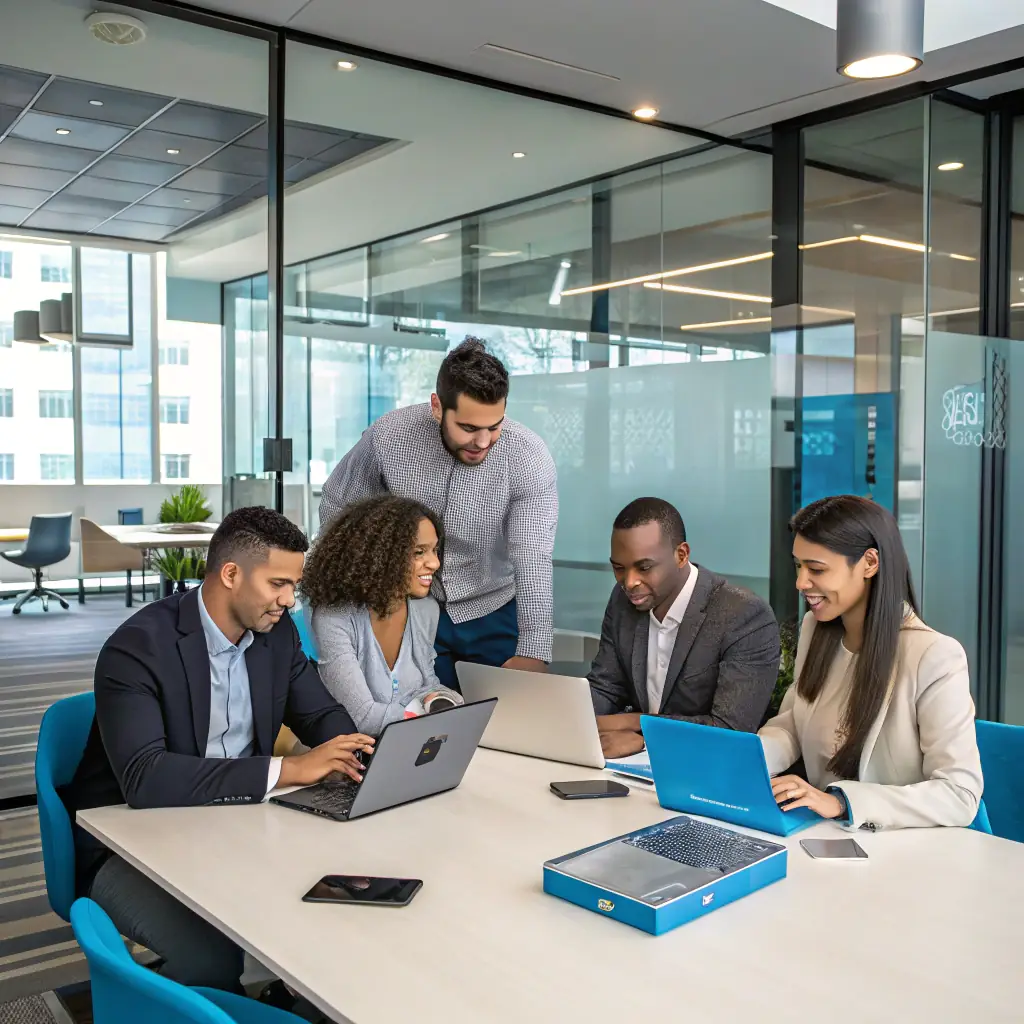 A diverse team of professionals working remotely from their home offices, collaborating seamlessly on laptops and video calls, showcasing the flexibility and efficiency of remote work.