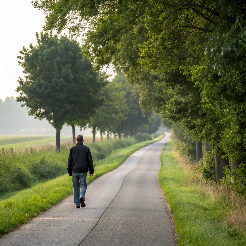 A person walking up a gentle, winding path in a serene, natural setting, symbolizing gradual progress and a journey towards better health.