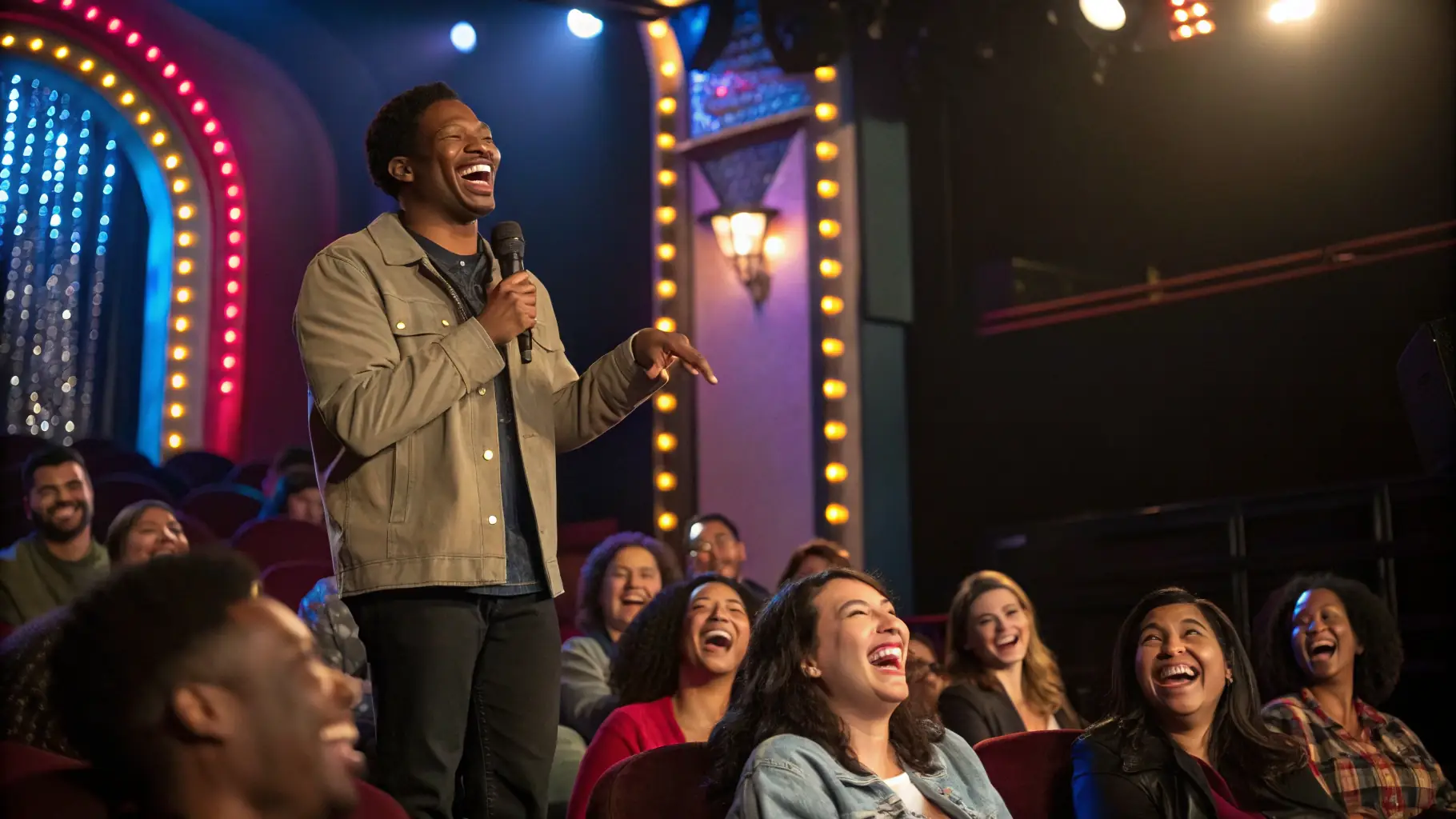 A vibrant and energetic comedy festival scene with a diverse audience laughing and enjoying the show. Comedians are performing on stage under bright lights, creating a lively atmosphere.