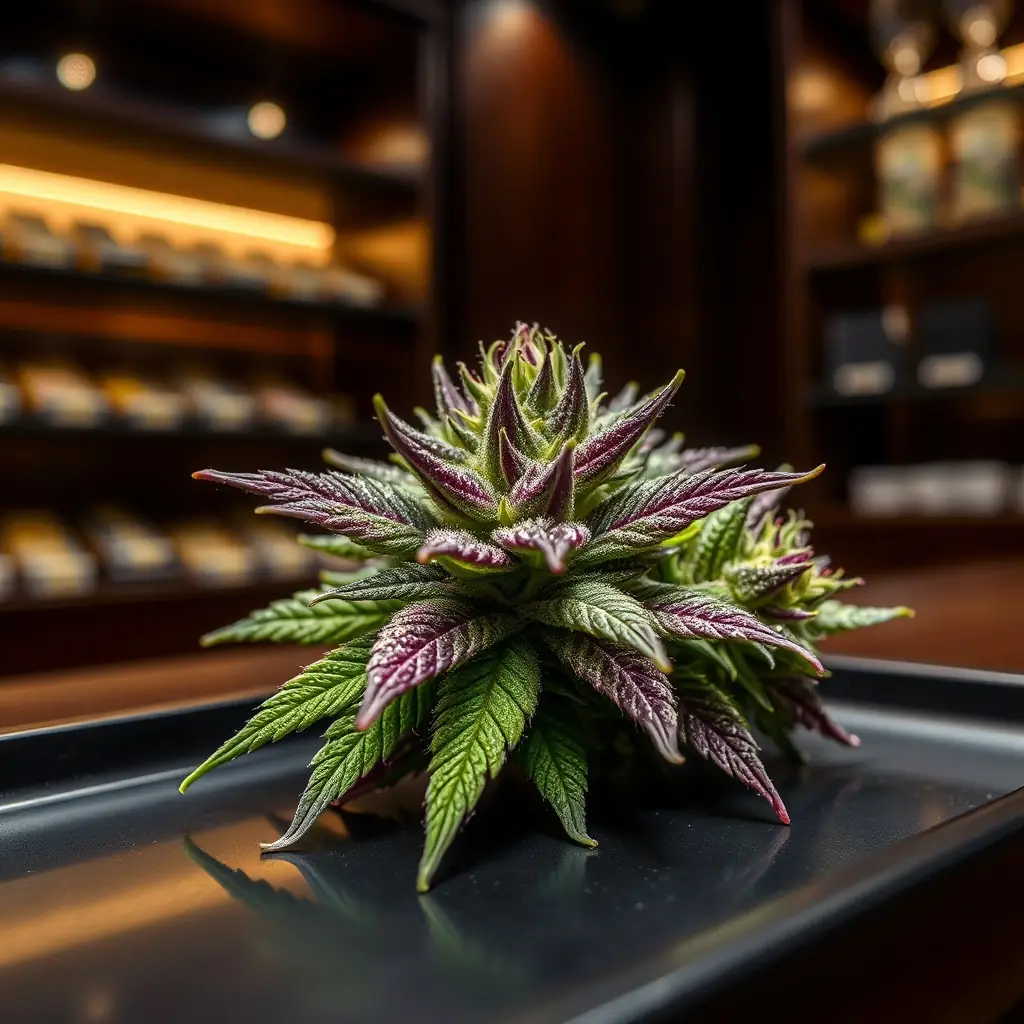 A close-up shot of Banana Acai Mints Flower, showcasing its vibrant colors and trichome coverage, set in a modern dispensary environment.