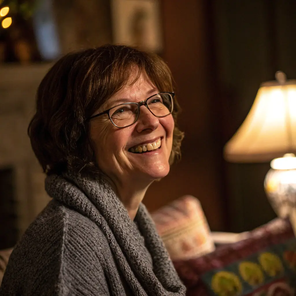 Eleanor is a middle-aged woman with short, graying hair and kind, intelligent eyes. She wears glasses and often has a warm, reassuring smile.